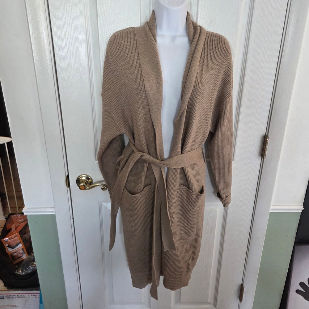 Monrow Womens Waffle Knit Long Cardigan Robe Belt Tan Camel Size Small $198 MSRP